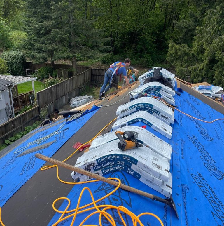 Alpha Nova Roofing team working together to install new shingles on a residential roof.