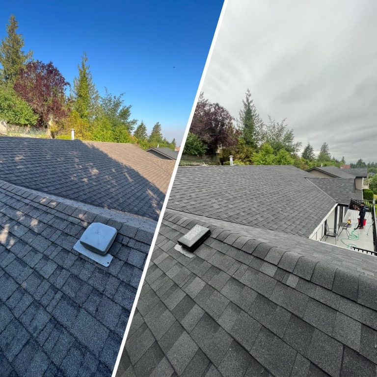 Before and after comparison of a roofing project by AlphaNova Roofing